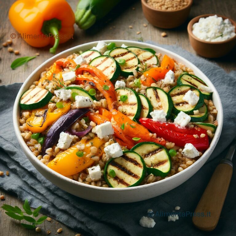 a bowl of of a barley salad with grilled vegetables and feta cheese