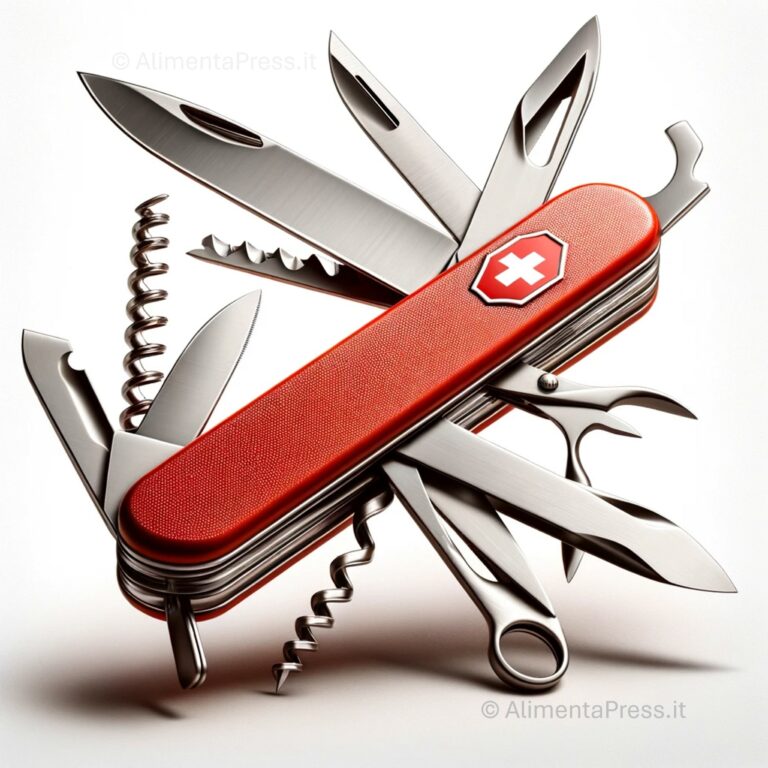 a multi-tool knife with a red handle