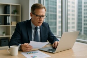 a man in a suit and tie looking at a paper